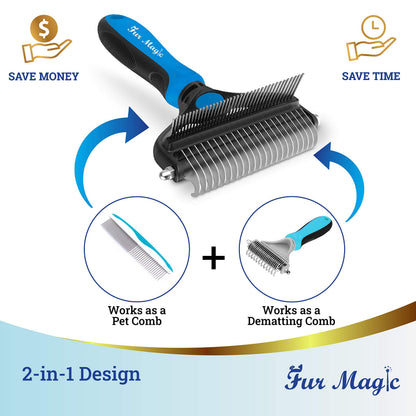 Fur Magic Deshedding and Dematting Comb Double Sided Undercoat Rake Pet Grooming Brush Removing Mats, Knots & Tangles for Dogs and Cats with Long and Medium Hair, Blue