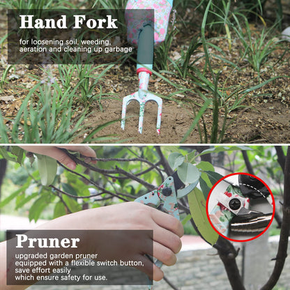 Garden Tools Set, 16 Pieces Gardening Gifts for Women & Men, Heavy Duty Floral Gardening Tools Set with Storage Bag, Ergonomic Garden Gifts Kit for Mum, Girlfriend (Green Flowers)