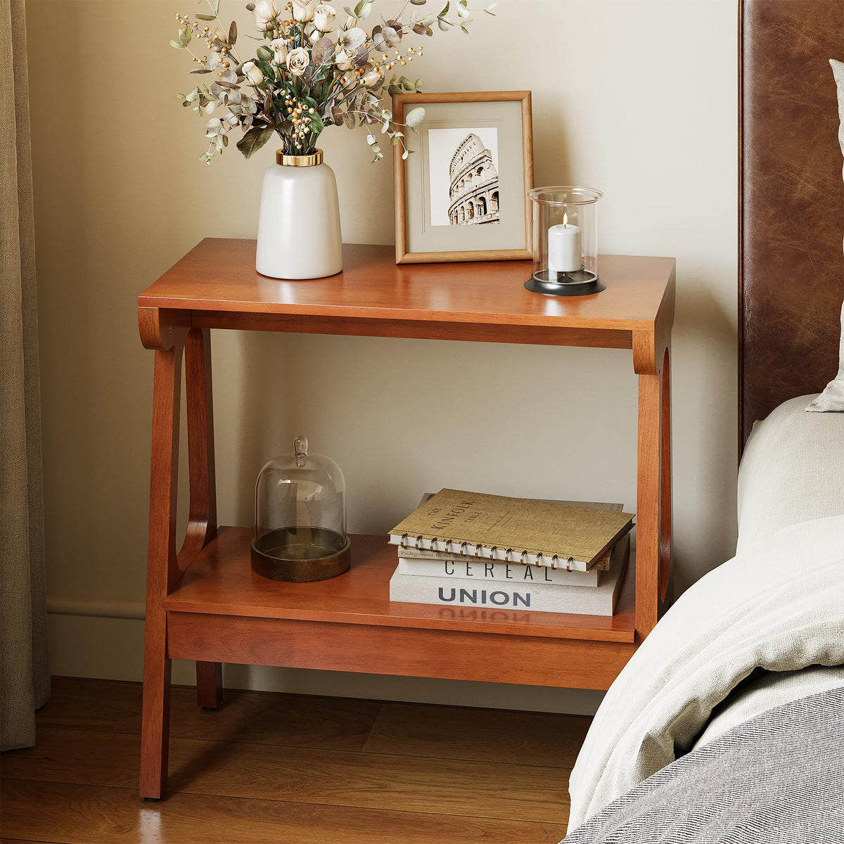 LITTLE TREE Solid Wood End Table, 24" H Small Wooden Side Table with Narrow 2-Tier Shelves, Slim End Tables for Small Spaces, Bedside Table for Bedroom,Living Room,Bathroom, Entryway (24" W x 11.8" D)