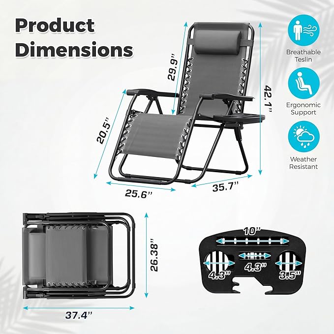 Homall Zero Gravity Chair Patio Folding Lawn Outdoor Lounge Gravity Camp Reclining Lounge Chair with Cup Holder Pillows for Poolside Backyard and Beach Set of 4 (Grey)