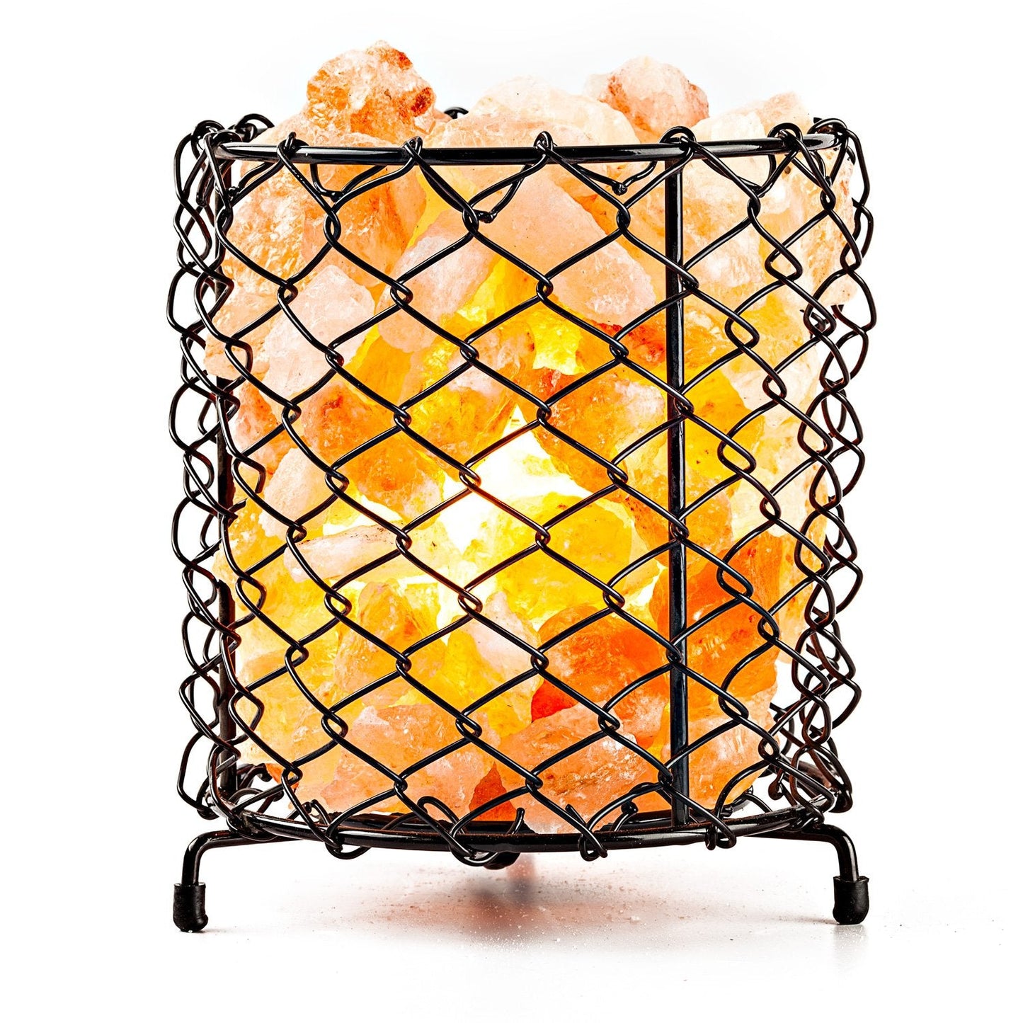 Hemingweigh Natural Hand Carved Crystal Salt Lamp with Salt Chips- Natural Himalayan Salt Crystals | Metal Cylinder Basket Lamp 17cm Electric Wire & Bulb