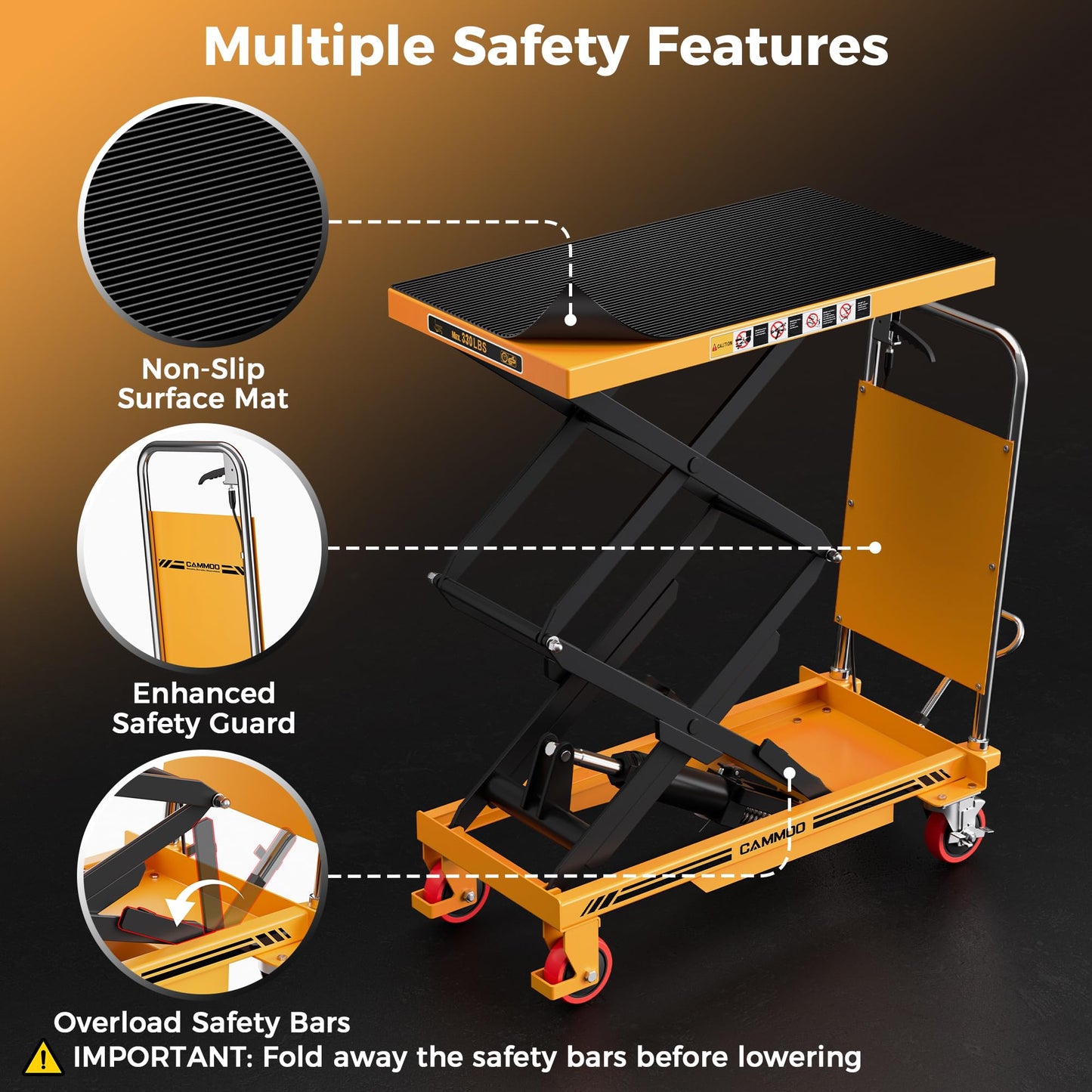 CAMMOO Hydraulic Lift Table Cart, 330lbs Capacity 49.6" Lifting Height, Double Scissor Lift Table with Non-Slip Pad & Safety Guard for Material Handling & Transportation, Yellow