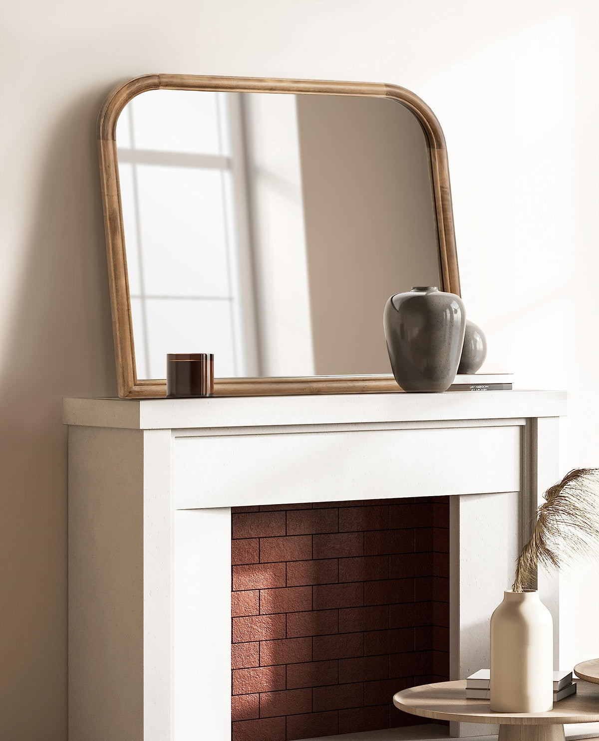 Kate and Laurel Glenby Transitional Wide Arch Wall Mirror, 34 x 28, Rustic Brown, Wooden Farmhouse Arched Bathroom Mirror with Rounded and Stepped Frame Profile