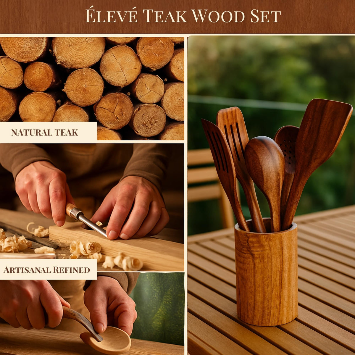 Élevé Natural Teak Wood Cooking & Serving Spoons Set (9-Piece) | Wooden Kitchen Utensils with Holder & Spoon Rest | Non-Stick Safe, Food-Grade, Durable & Elegant Cookware Tools