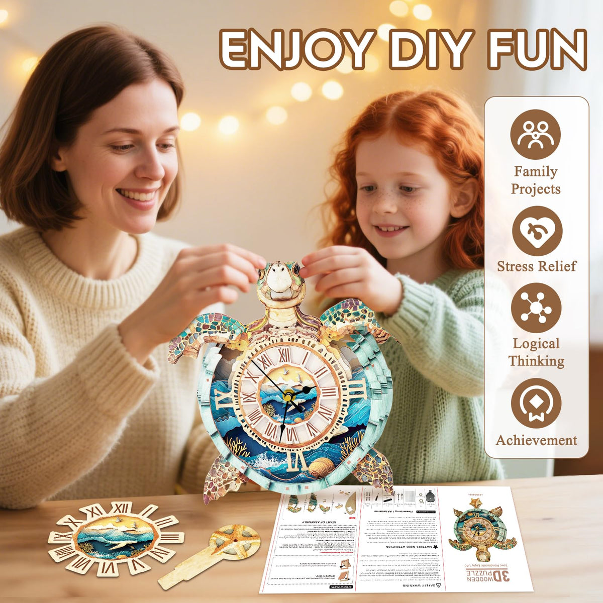 Cutywood 3D Puzzles for Adults Clock-Turtle Design Model Kit-Mechanical DIY Pendulum Clock with Roman Numerals-Desk Home Office Decor Personalized Gift for DIY Lovers