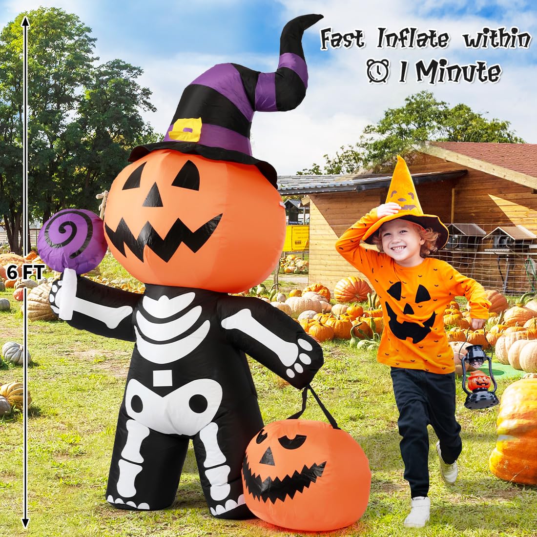 GOOSH 6 FT Halloween Inflatable Pumpkin Skull Body Outdoor Decorations Blow Up Yard Pumpkin with Built-in LEDs for Garden Lawn Party Decor