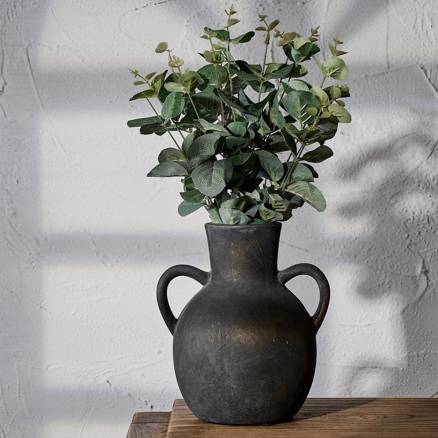 SIDUCAL Rustic Ceramic Farmhouse Flower Vase with 2 Handles, Terracotta Vase, Decorative Pottery Flower for Home Decor, Table, Wedding, Living Room, Shelf Decor, 7.3 Inch, Black Bronze