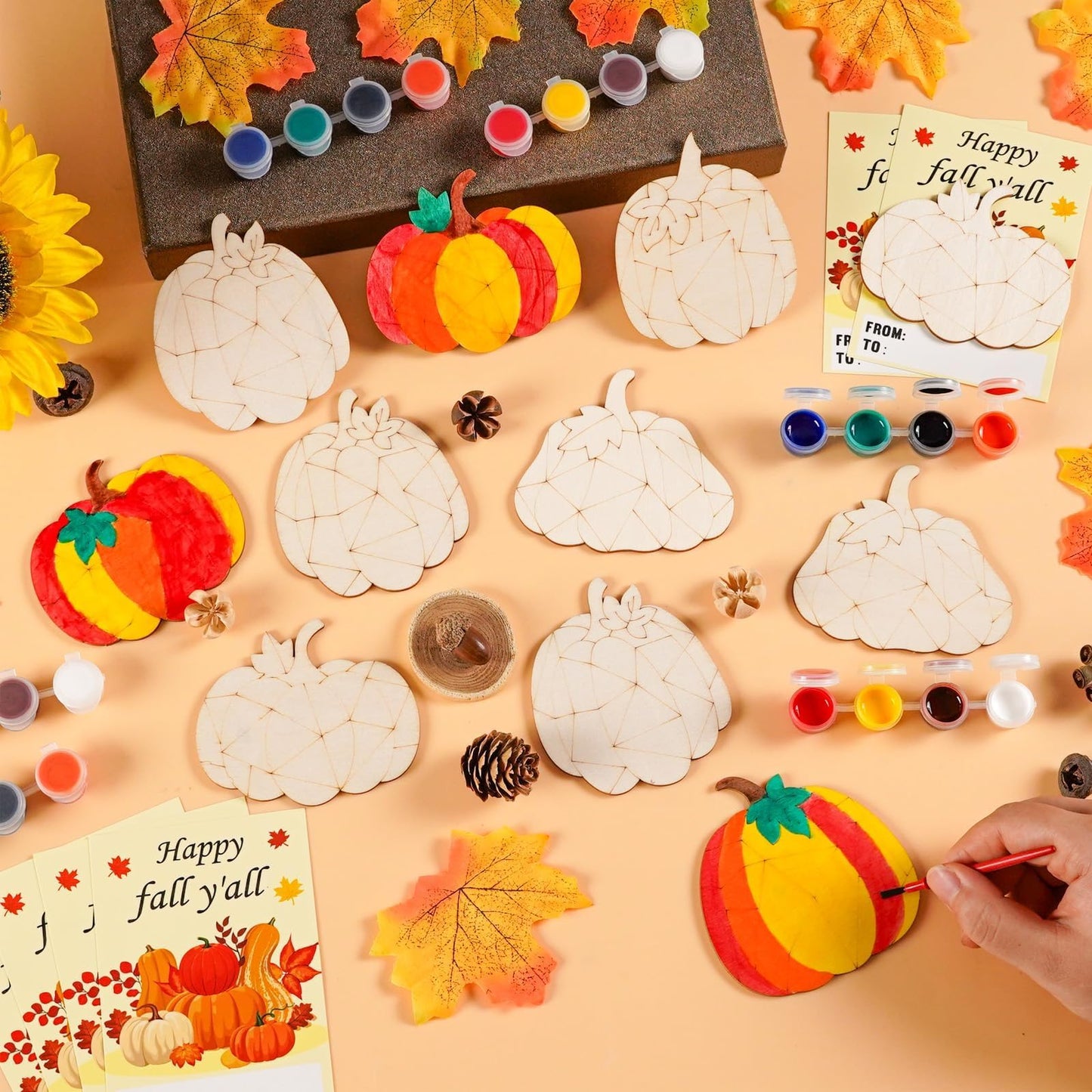 24 Sets Thanksgiving Fall Pumpkin Party Favors Pumpkin Wooden Painting Craft Kits Autumn Party Decors Thank You for Coming Gifts for Kids Happy Fall Y’all Cards - Birthday Crafts Bulk Harvest Supplies