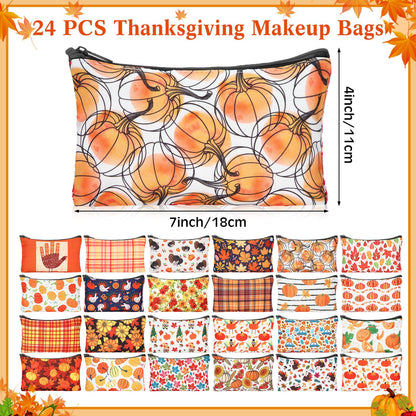 SilTriangle 24 Pieces Makeup Bags Bulk Canvas Cosmetic Bags Purse Organizer Zipper Cosmetic Pouch Portable Travel Toiletry Pouch for Women Men Gifts, 7 x 4 Inch (Thanksgiving)