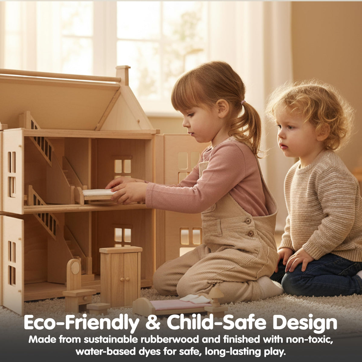 PlanToys® Classic Dollhouse Bedroom Furniture Set | Eco-Friendly Wooden Dollhouse Accessories for Kids | Includes Bed, Closet, Vanity, Chairs & Lamp | Pretend Play Montessori Toy
