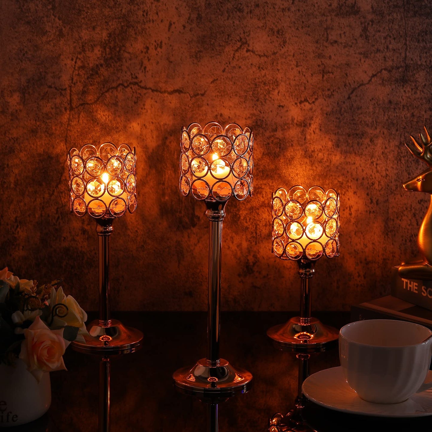 Mumufy 12 Pieces Crystal Candle Holders Set 3 Sizes Tall Crystal Wedding Candlestick Holders Pillar Candelabra Stand for Table Centerpieces for Christmas Party Wedding Dining Decoration (Gold)