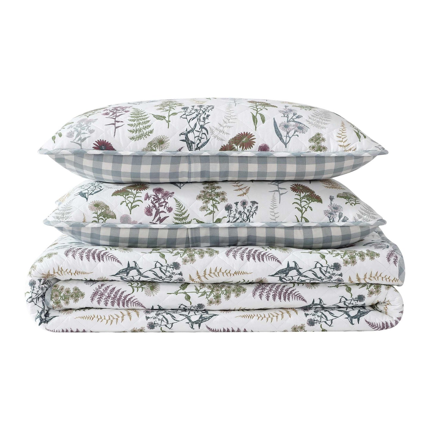 Eddie Bauer - Full/Queen Quilt Set, Reversible Cotton Bedding with Matching Shams, Classic Floral Home Decor with Plaid Reverse (Flower Field Green, Full/Queen)