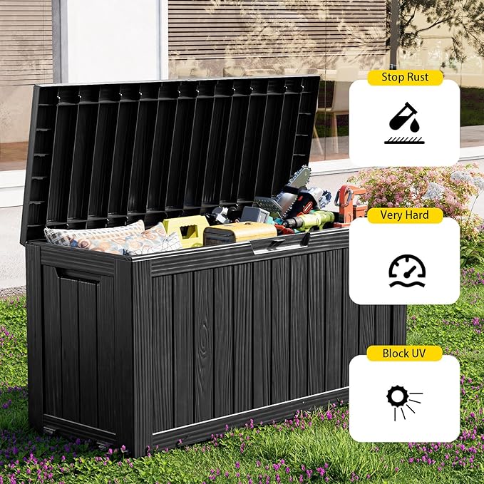 85 Gallon Outdoor Deck Box, Lockable Waterproof Outdoor Storage Boxes For Garden Tools,Indoor Cushions,Accessories Outside Storage Resin Weatherproof Container(Black)