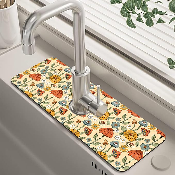 Abstract 70s Mushroom Floral Sink Faucet Absorbing Mat Sink Splash Guard Faucet