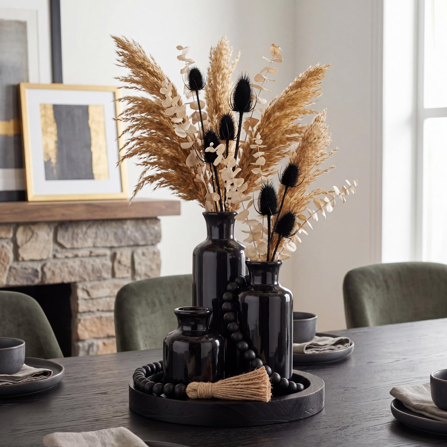 Tiangrid 5 Pcs Rustic Tabletop Centerpieces Decor Set of 3 Boho Ceramic Vases with Wooden Serving Tray Wood Bead Garland Tassels Table Holder for Home Decorations (Black)