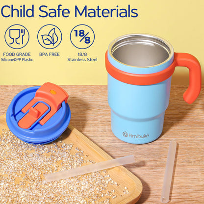 Fimibuke Kids Insulated Tumbler with Handle & Straw - 16oz Leak Proof Toddler Tumbler with Sip/Swig 2-in-1 Lid, BPA FREE 18/8 Stainless Steel Kids Water Bottle Drinking Cups Travel Mugs for Boys Girls