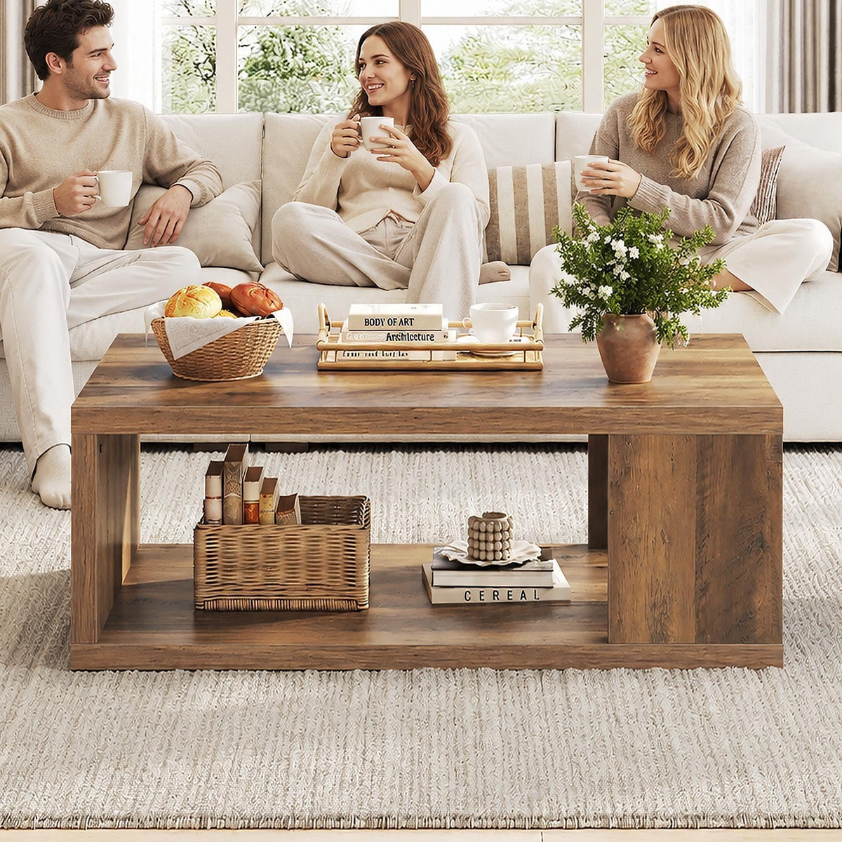 LVB Rustic Coffee Table with Storage, Modern Wood Coffee Tables for Living Room, Farmhouse Large Wooden Rectangle Center Table, Unique Wide Low Tea Table for Small Home Office, 39 inch, Rustic Oak