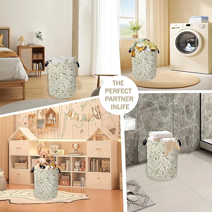 Green Herb Leaves Laundry Hamper, Rustic Wildflower Collapsible Laundry Baskets