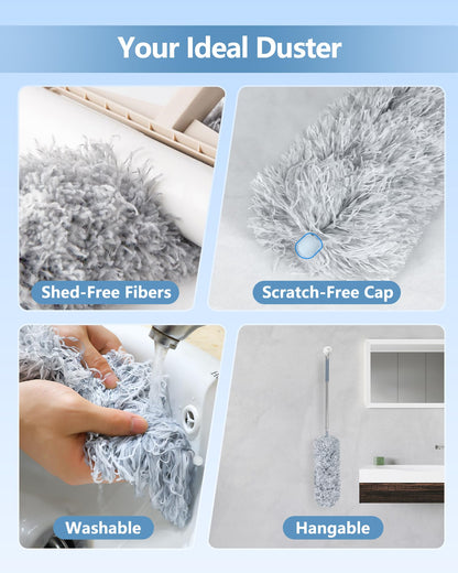 Fogray Extendable Feather Duster Kit - Long Handled 100" Telescopic Pole and Soft Silicone Cap, Bendable Washable Heads for Cleaning Cobwebs, High Ceiling Fans, Roof, Furniture & Cars(5Pcs-Grey)