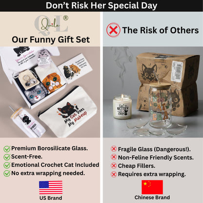 QUILE Fun Cat Mom Mothers Day Gifts Box, Cat Lover Gifts for Women, Premium Cats Themed Gifts Set for Women with Borosilicate Glass Cup Crochet Doll & Socks, Crazy Cats Lady Gift Basket for Birthday