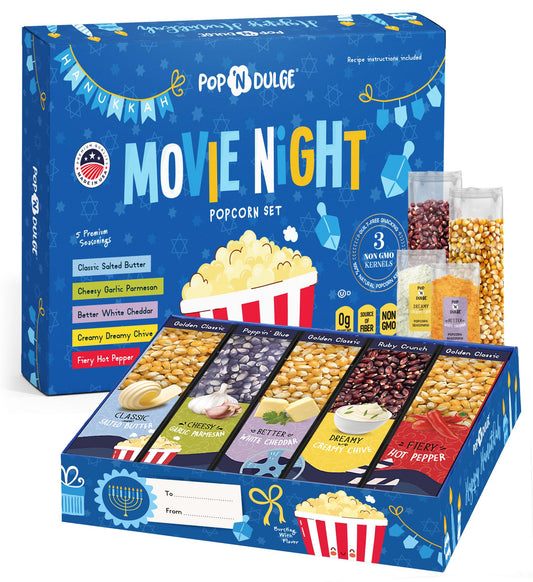 Hanukkah Gifts Movie Night Popcorn Gift Set, Kosher OU-D, Gift Baskets, 5 Gourmet Popcorn Kernels and 5 Flavoring, Non-GMO Hanukkah Set - 10 Pack, Gifts Ideas For Men, Women, Kids