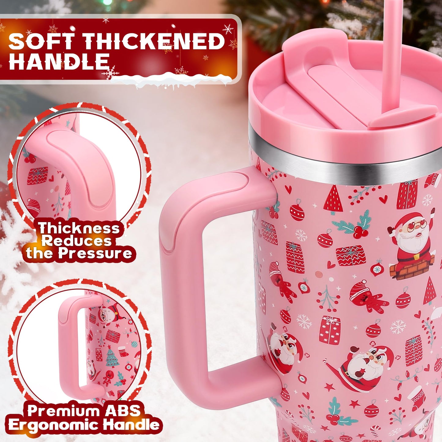 Skywerc Christmas Gifts for Women Mom Daughter, 40 oz Christmas Tumbler with Handle and Straw Lid, Xmas Stainless Steel Insulated Travel Mug, Keep Cold for 34 Hours (Red Santa & Deer)