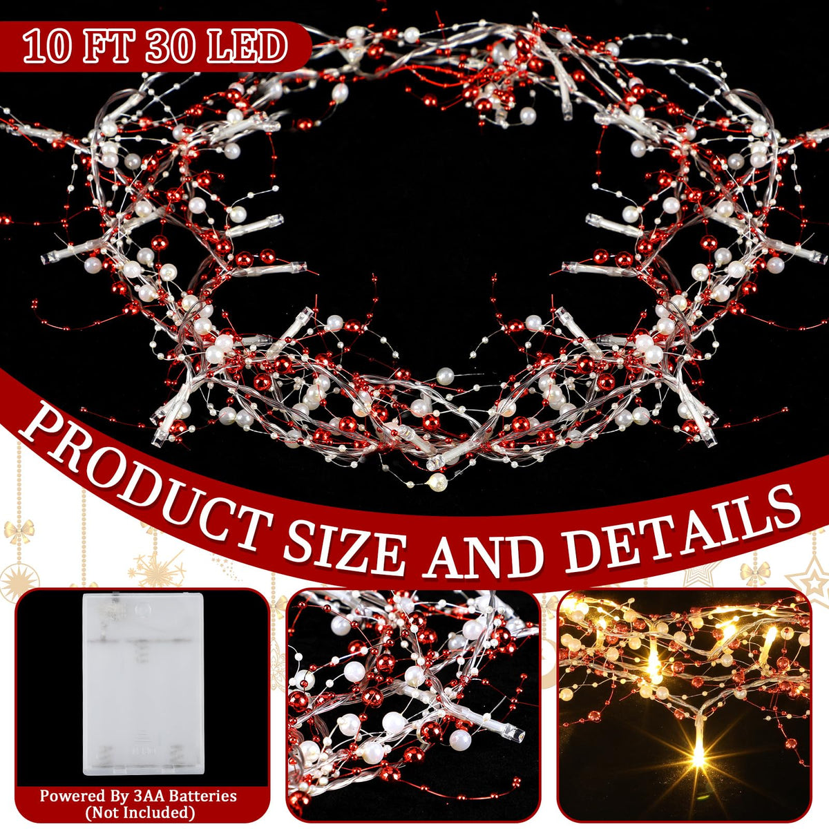 Mudder 10 Feet 30 LED Christmas Light Metal Berry Beaded Garland Indoor Christmas String Lights for Fireplace Mantel Indoor Xma Light Decorations(Red, White)