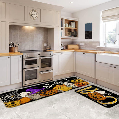 Unibyby Halloween Kitchen Mat Spooky Pumpkins Ghost Halloween Kitchen Mats for Floor, Boo Black Cat Kitchen Rugs and Mats Non Skid Washable Set of 2, Decorative Kitchen Decor 17x29 and 17x47 Inch