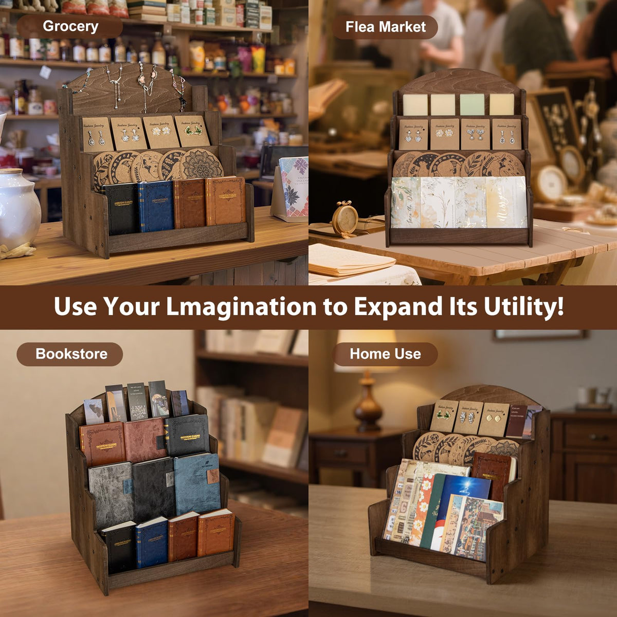 PUERSI Greeting Card Display Stand, Wooden 4-Tier Postcard Display Stand Holder for Sticker, Vendors, Retail Stores, Brown