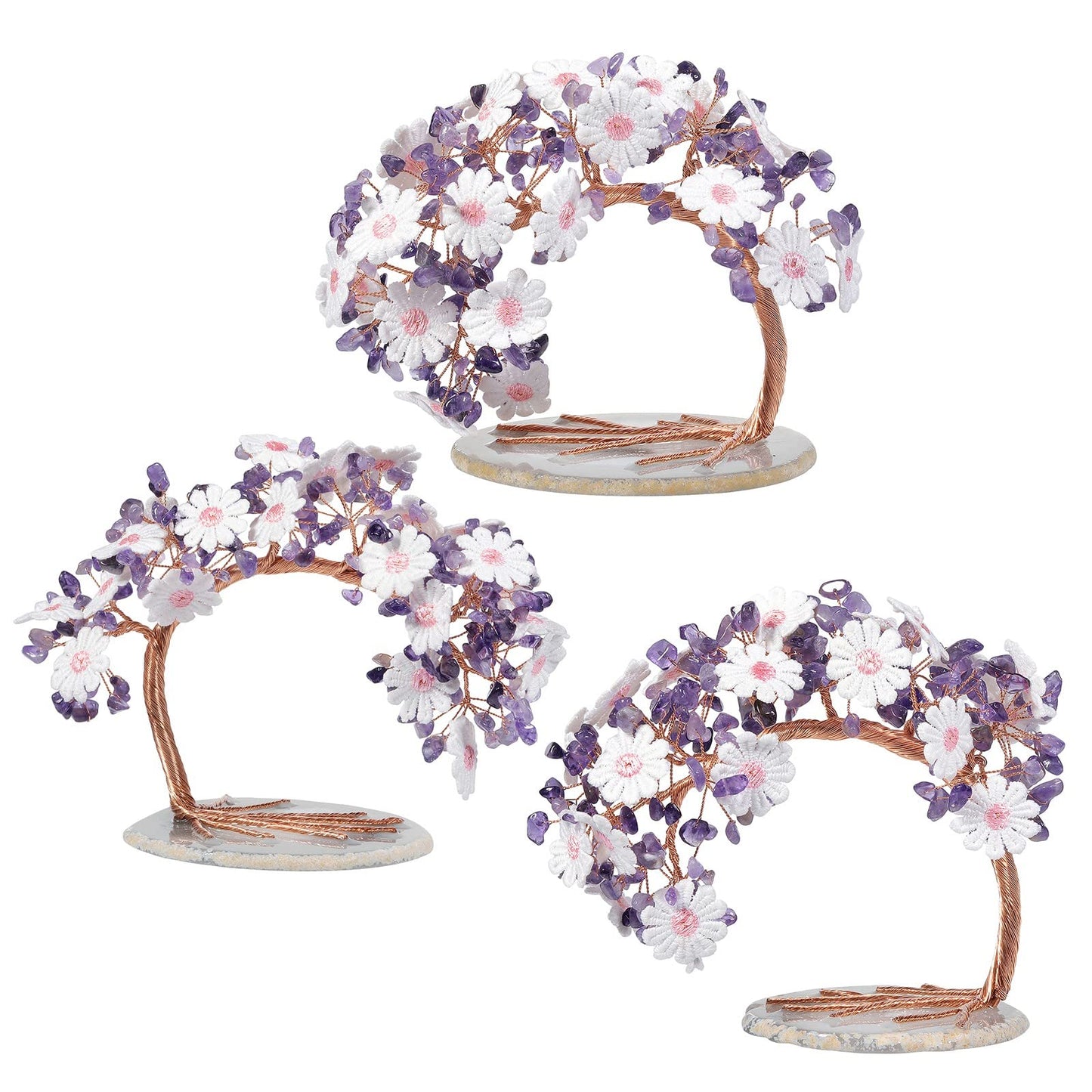 Nupuyai Amethyst Crystal Copper Money Tree Desktop Decor with Agate Base Handmade Lace Flower Wealth Crystal Tree Bonsai for Fengshui Good Luck