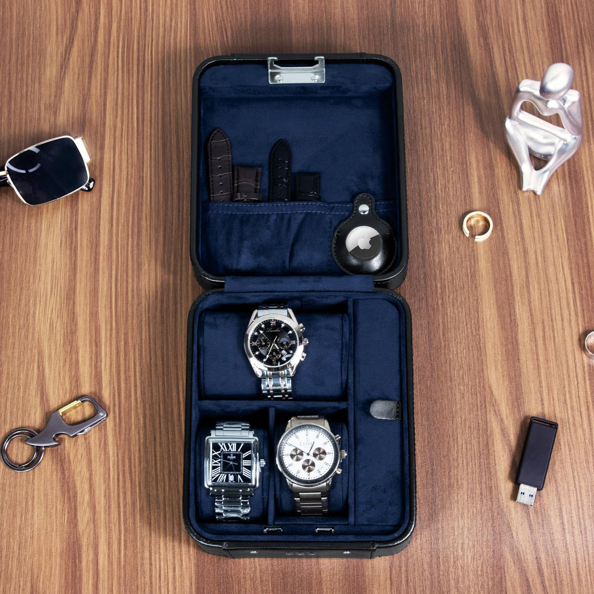KAMIER Watch Case with Combination Lock - 4 Watch Storage and Jewelry Organizer - Watch Travel Case for Ring and Watch Storage, PU Leather Travel Watch Case, Ideal for Gift (With Gift Box),Black