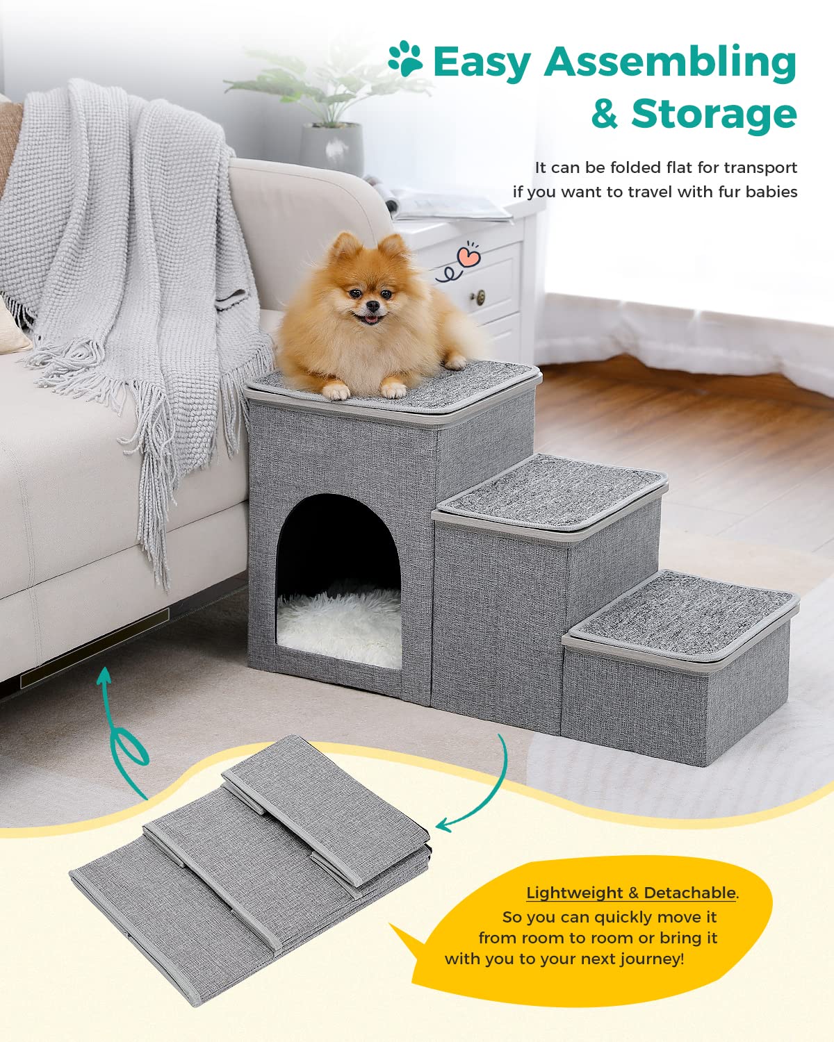 PETEPELA Dog Steps for Bed, 3 Steps for Dog Step for Sofa with Storage for Small Dogs for Bed, Foldable Pet Stairs for Couch and High Bed Hold up to 30KG, Wood Grey