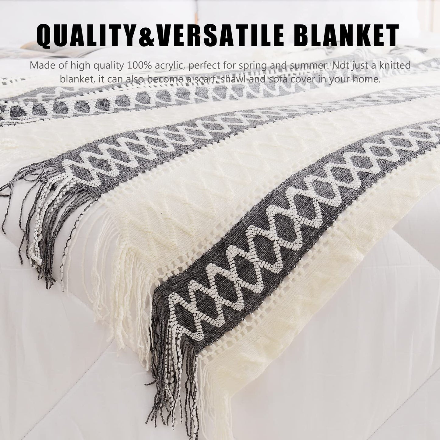 Quinnsus Knit Soft Lightweight Decorative Bed Throw Blankets, Jacquard Textured Boho Summer Throw Blanket with Tassels for Bed, Sofa and Living Room (Grey, 50 x 60 inches)