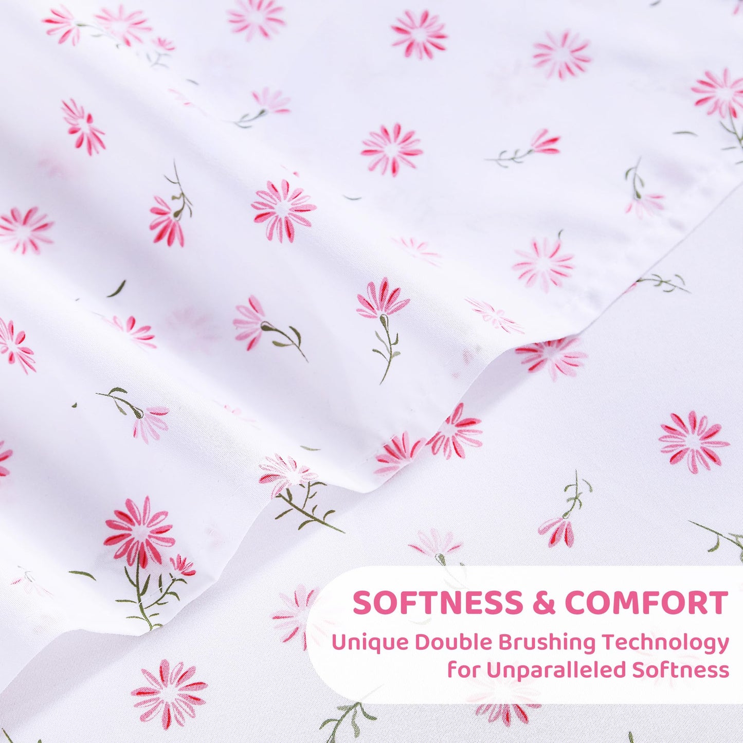 Mooreeke Cozy Vintage Microfiber Printed Floral Queen Sheet Set - Soft & Breathable Pink Daisy Bed Sheets with Extra Deep Pocket - Non-Slip Fitted Design - Daisy Pattern - Queen