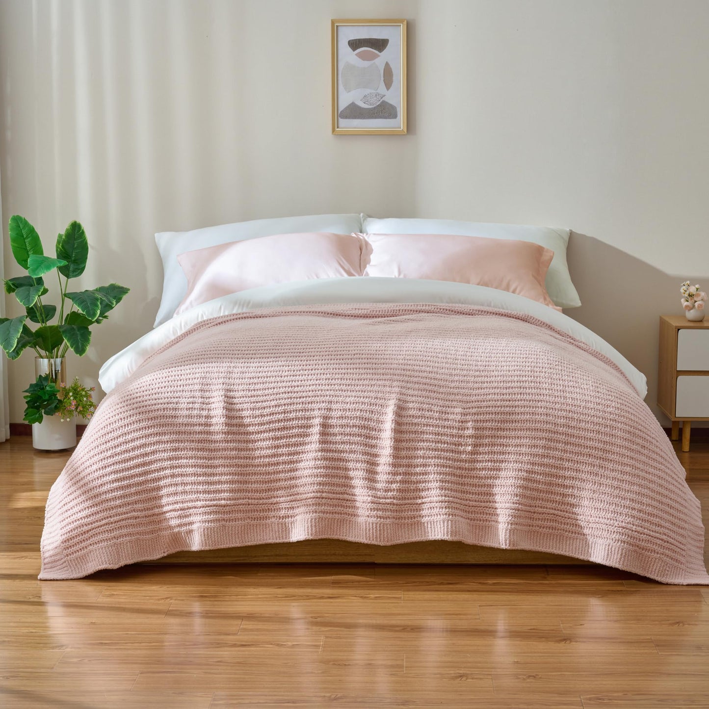 LONG CREATE Striped Throw Blanket for Couch 50"X60", Light Pink Microfiber Knitted Throws 550GSM Super Soft Warm Fuzzy Fluffy Plush Knit Blankets for Bed, Cozy Sofa Chair Living Room Home Decor