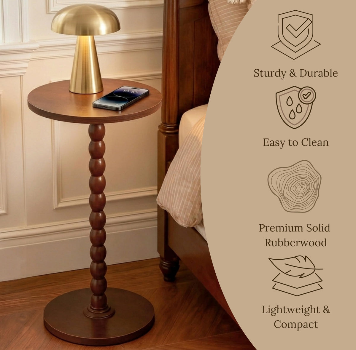 BENNTOR Round Wooden Small Side Table for the Living Room, Modern Pedestal Side Table for Small Spaces, Drinks, Corner, Accent Piece, and Compact Nighstand Bedroom, Tool-Free Easy Assembly, Walnut