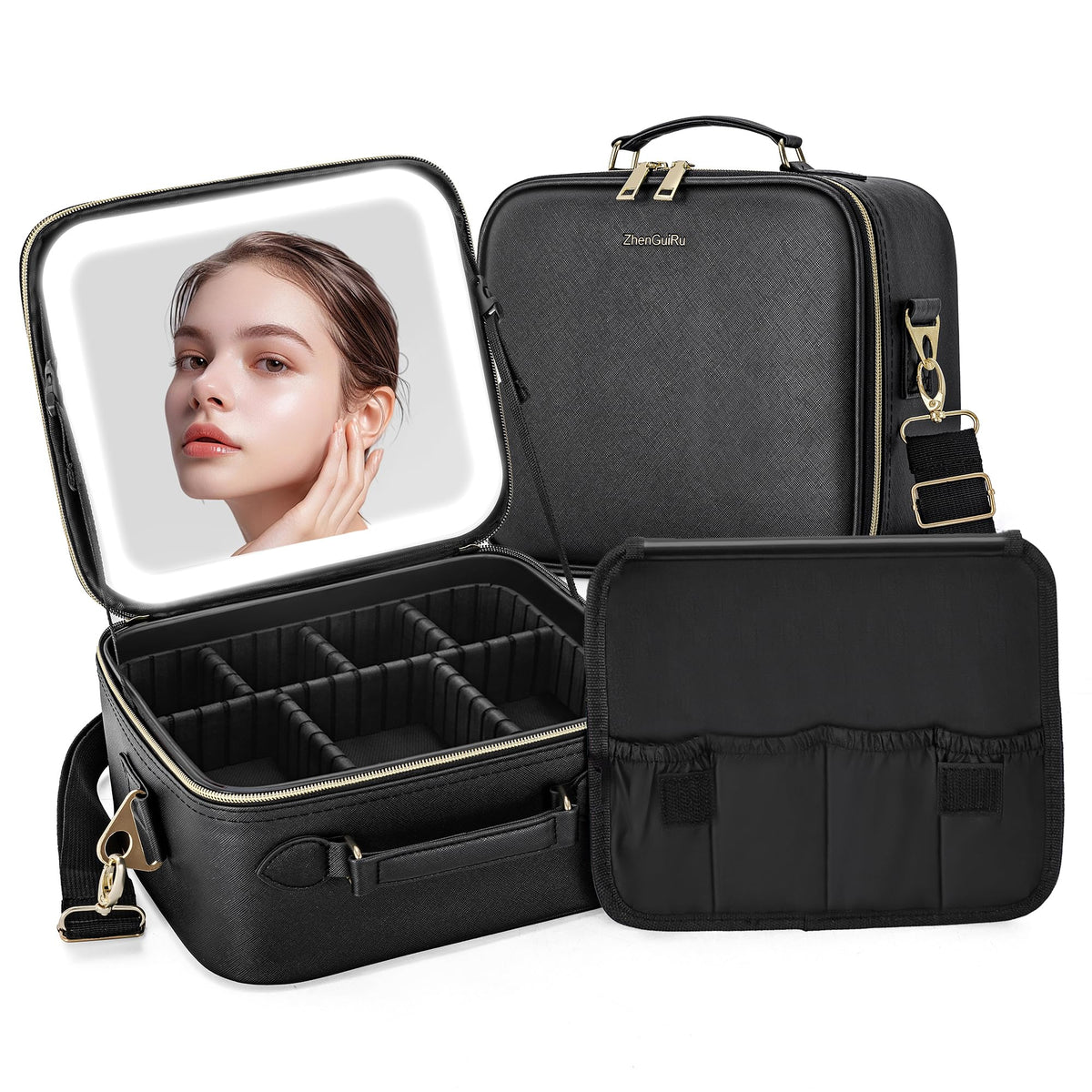 Gdsshuhung LED Makeup Bag with Mirror, Lighted Cosmetic Case with Natural Light, Adjustable Brightness and Soft Lighting, Travel Organizer with Compartments for Women(Black)