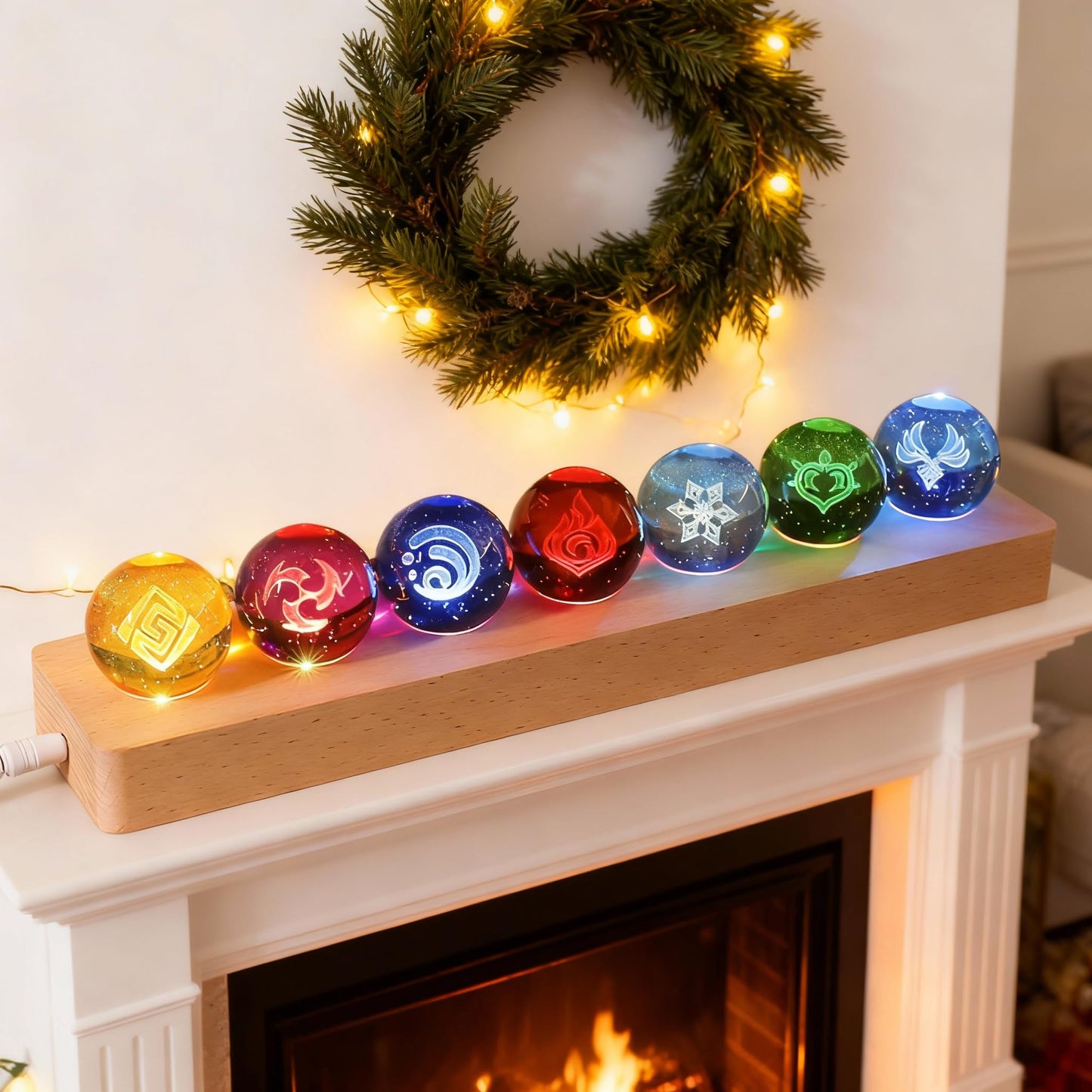 Huniruyo 40mm Crystal Quartz Stones 7 Chakra Natural Healing Spheres with LED Wooden Stand for Meditation Positive Energy Night Light Decoration Balls Set,Suitable for Home Decoration (Cultural)