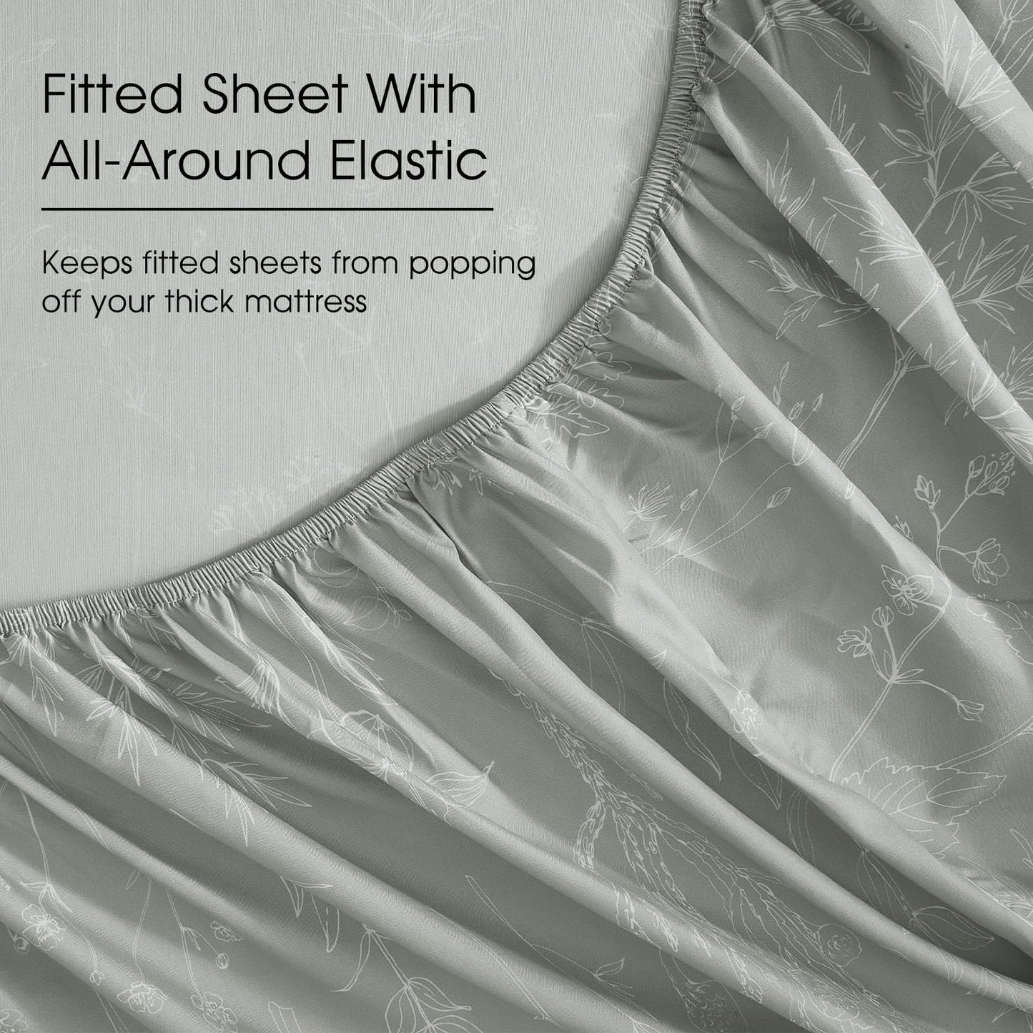 HYPREST Floral Bed Sheets, 18 Inch Deep Pocket Queen Sheets Ligh Grey Patterned Sheets Soft Luxury Cooling 1800 Thread Count