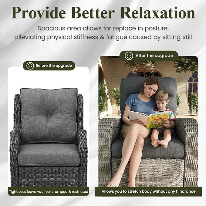 LayinSun Oversized Wicker Outdoor Swivel Glider Recliner with Adjustable Backrest & Footrest, Patio Reclining Lounge Chair