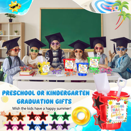 PullCrease 24 Set End of Year Students Beach Sand Bucket with Shovels Gift from Teacher Bulk Neon Sunglasses Cards Preschool Kindergarten Graduation Gifts for Beach Summer Party(Star,Colorful)