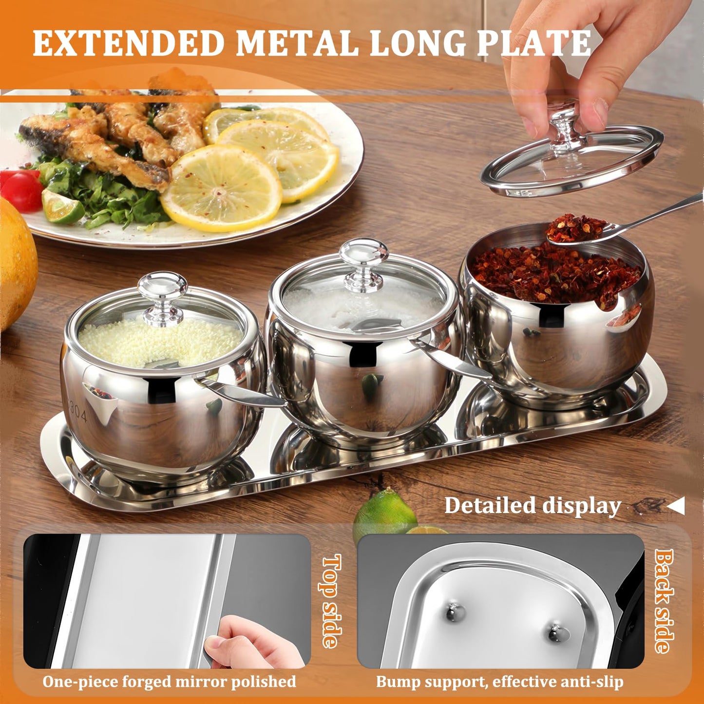 3 Grids 10 Oz Stainless Steel Sugar Bowl with Spoon Tray Lid, Silver Salt Spice Containers Dispenser Set, Sugar Jar Holder Dish for Coffee Bar Storage Seasoning Kitchen Countertop (Silver)