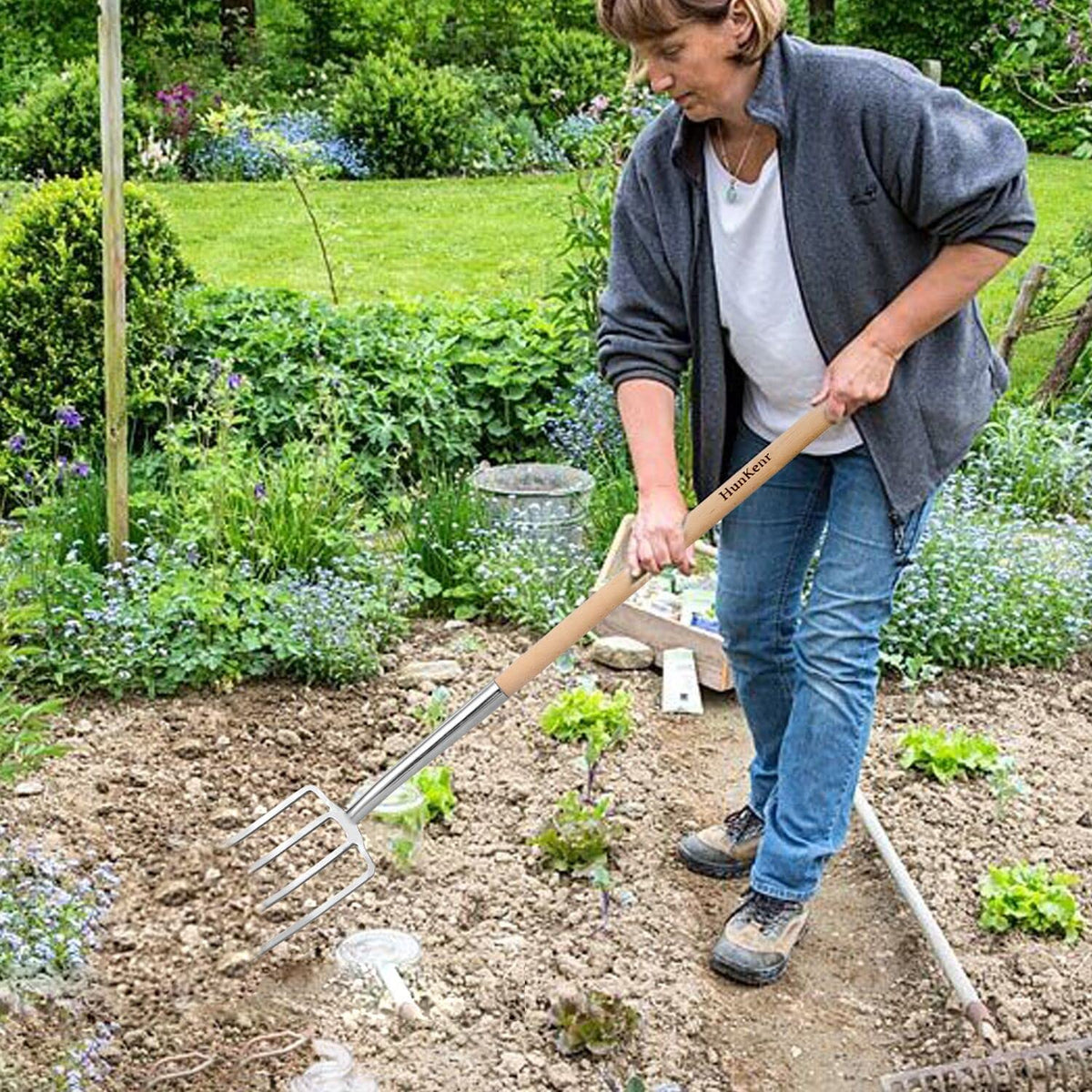 HUNKENR Garden Pitchfork Spade Set, 4-Tine Stainless Steel Pitchfork, 47" Heavy Duty Long Handled Spade with T-Handle/Ergonomic Beech Handle for Digging, Planting, Cultivating, Aerating