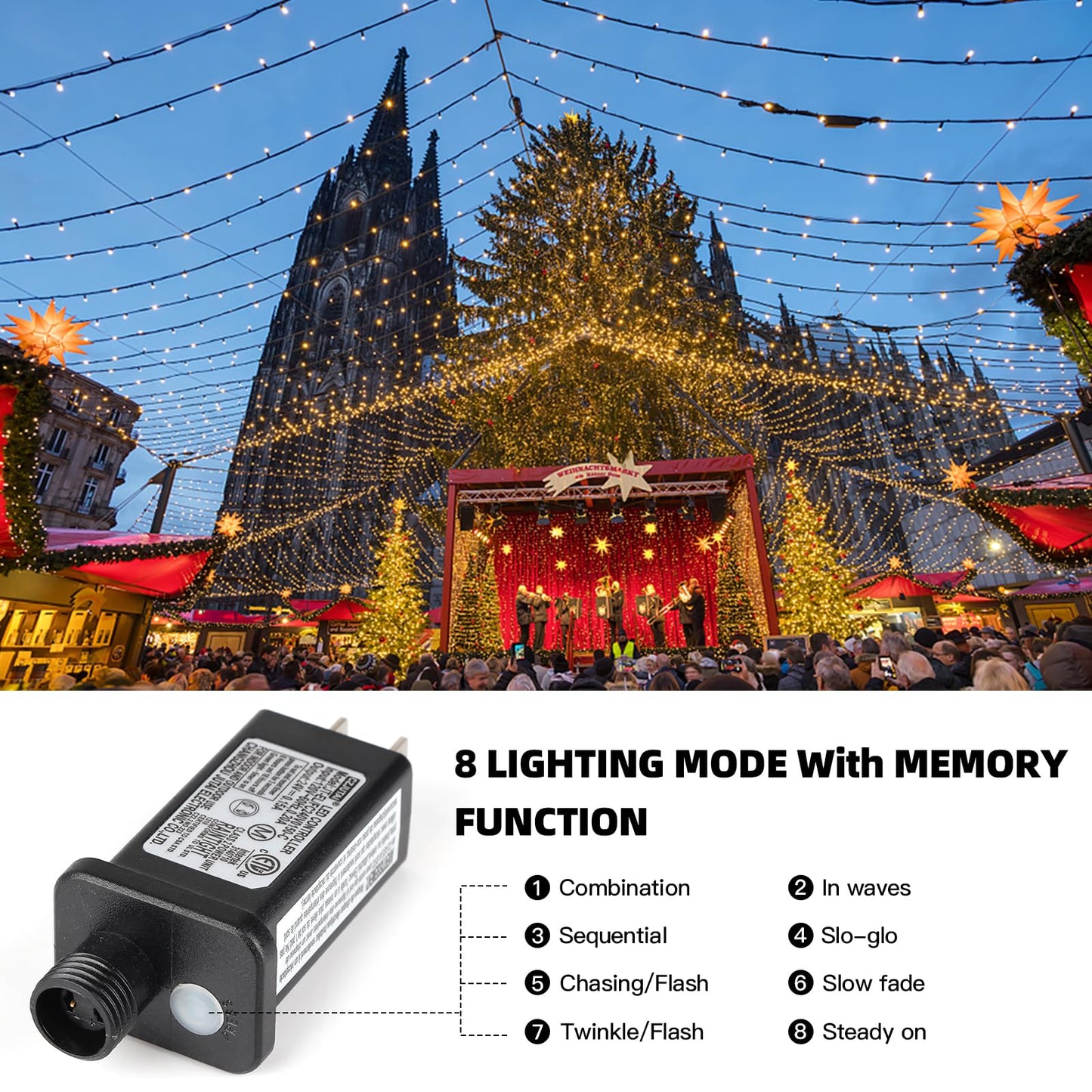 XTF2015 170FT 500 LED Christmas String Lights, Christmas Lights End to End Plug 8 Modes Memory Function with Timer, UL Certified Outdoor Indoor Fairy Light Christmas Tree, Patio, Party (Warm White)