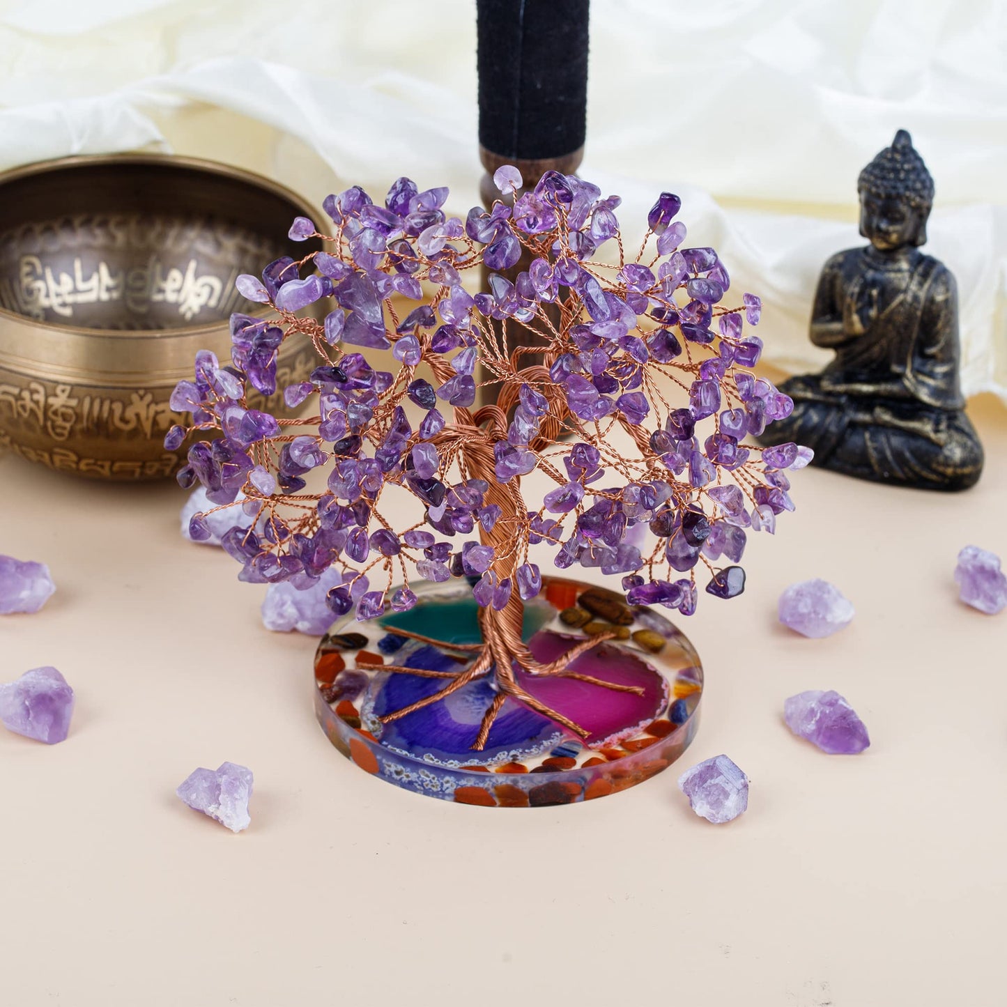 ZenBless 7 Chakra Healing Crystal Stones Tree, Amethyst Leaf Wire Wrapped on Natural Agate Slice Base, Home Decor Desk Room Feng Shui Wealth Luck Spritual Gifts for Valentine's Day Birthday Women