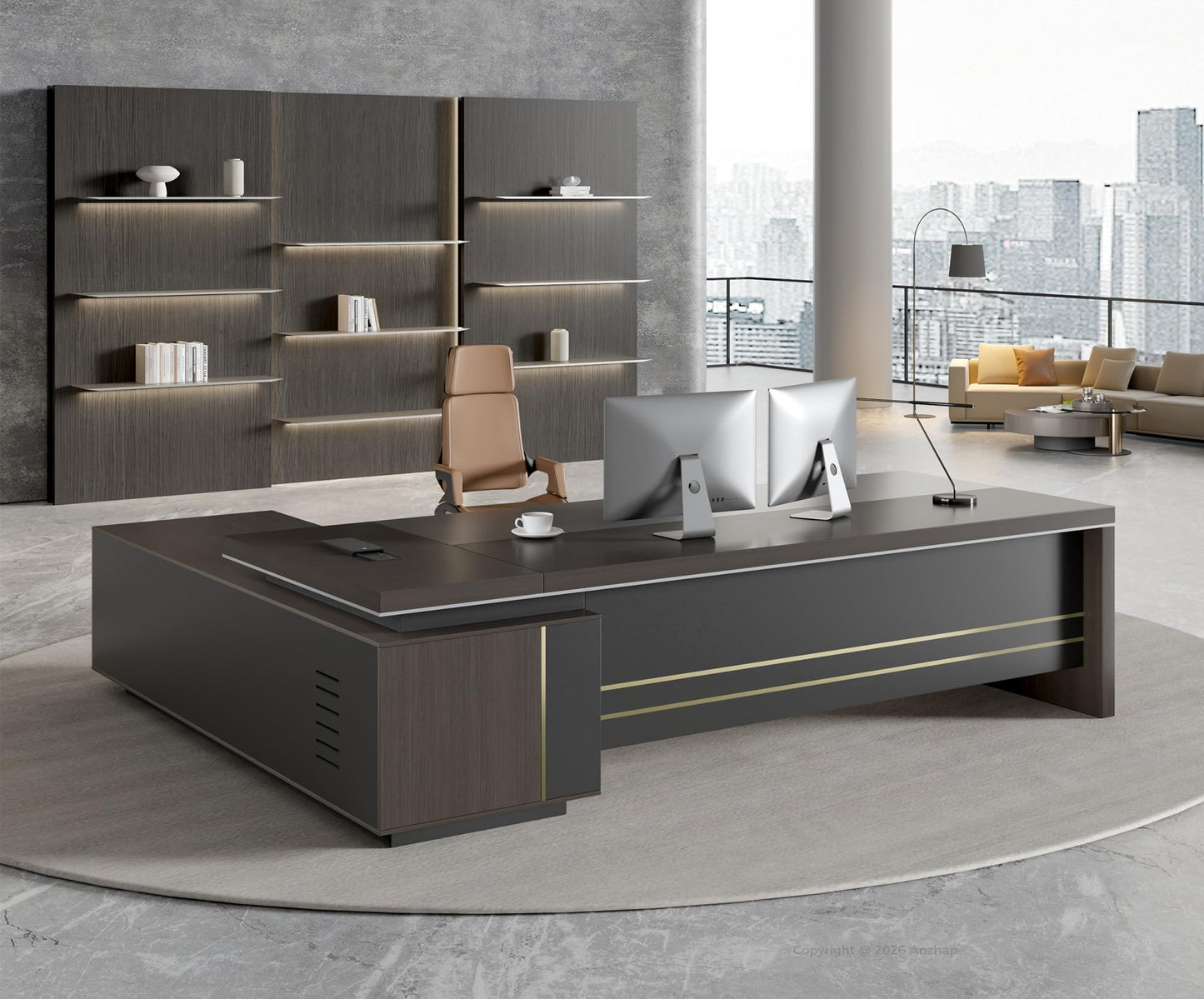 Anzhap 79" L-Shaped Executive Desk with Power Outlets & Reversible Return, Luxury Office Desk with Drawers, Storage Shelves and Ventilated CPU Compartment for Home and Office (79" L x 65" W x 30" H)