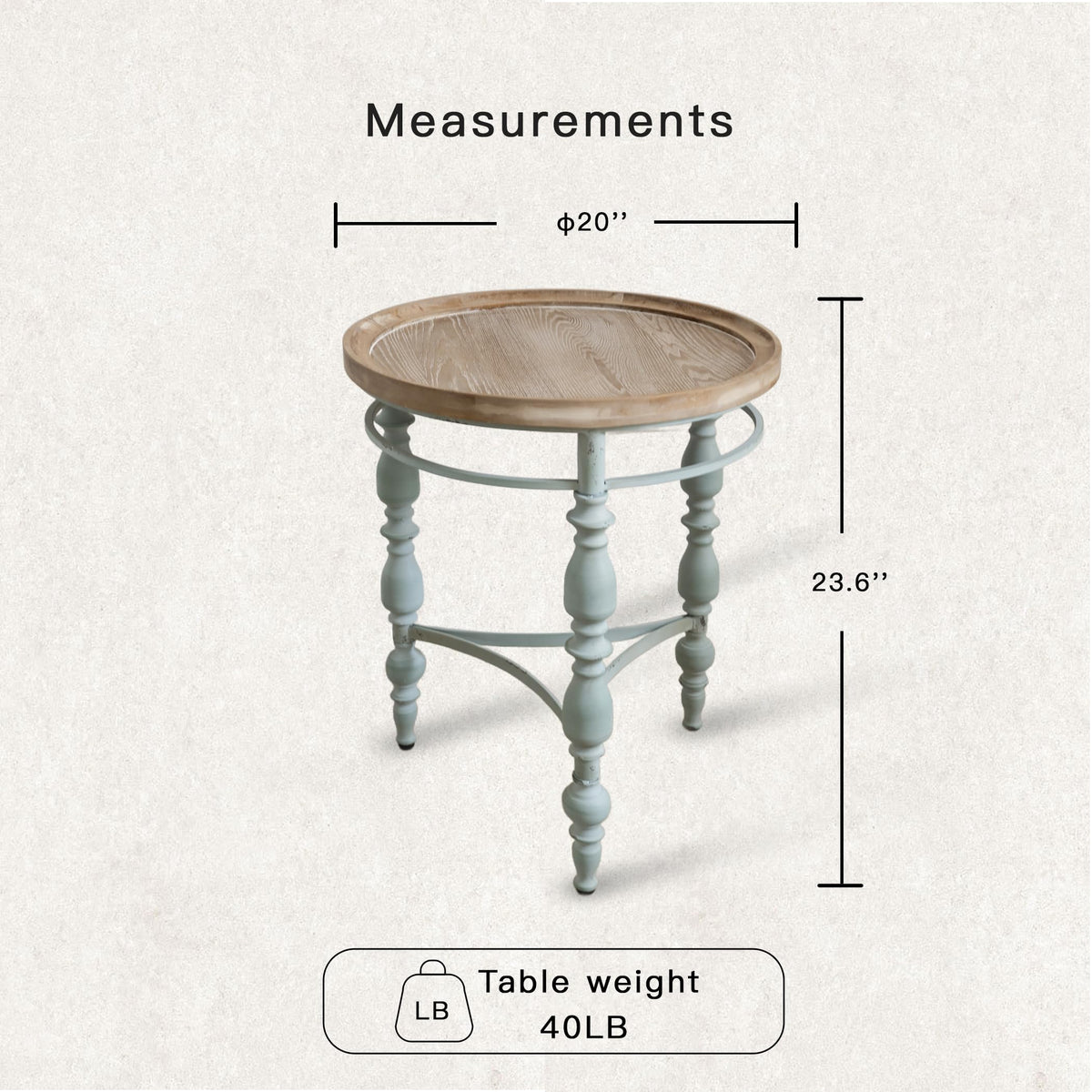 TIMBERMAVEN Rustic Farmhouse Round End Table, French Country Vintage Side Table,φ20.1'' x 23.6''H Rustic Solid Wood with Vintage Iron Legs, for Living Room, Bedroom, Small Spaces,Nature White