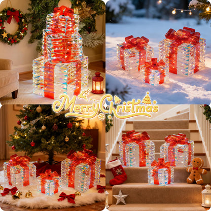 LAWOHO Christmas Lighted Gift Boxes Set of 3 Iridescent Present Boxes with Bow-Knot Battery &USB Powered Light up Box Decorations for Christmas Home Indoor Outdoor Holiday Decoration