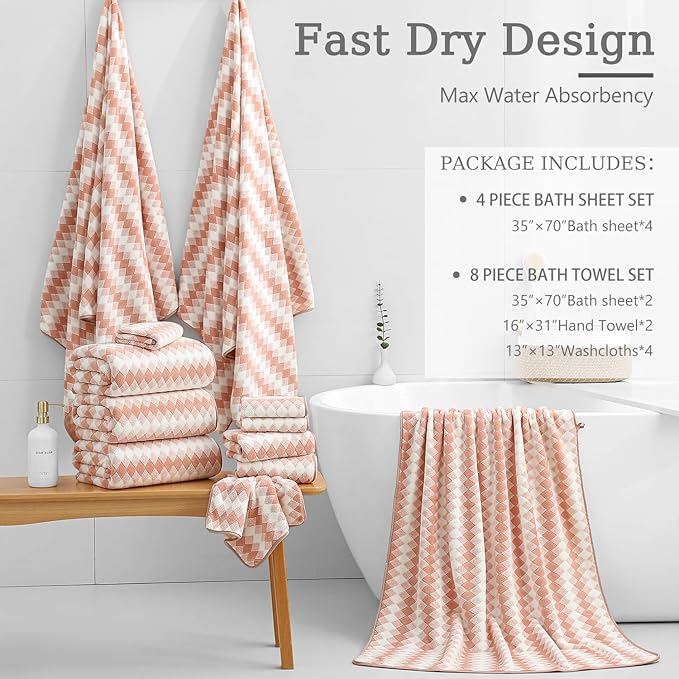 8 Piece Bathroom Towel Set |2 Oversized Bath Towels, 2 Hand Towels, 4