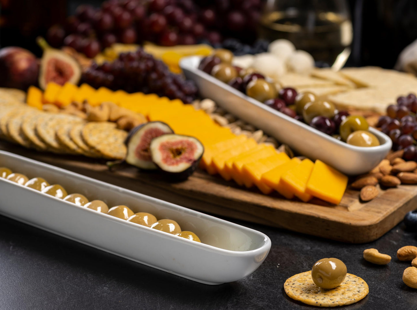 KooK Olive Boat Tray, Set of 2, Charcuterie Tray, Grazing Table Supplies, Charcuterie Board Accessories, Ceramic Serving Dish, Narrow Canoe, Cheeses and Appetizers, Dishwasher Safe, 12”, White